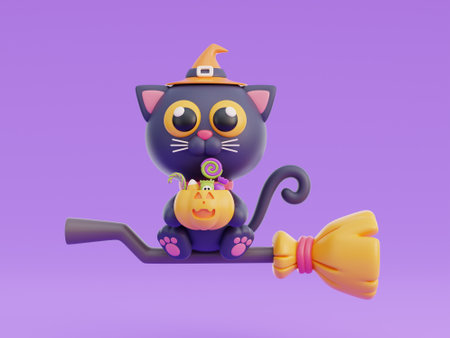 3D cute Halloween black cat cartoon character, trick or treat party, october holiday, 3d rendering.の写真素材