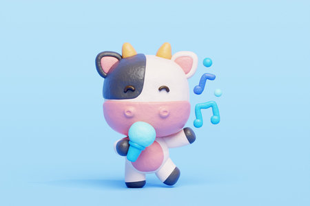 3D cute cow dancing and singing with microphone, Cartoon animal character, 3D rendering.の写真素材