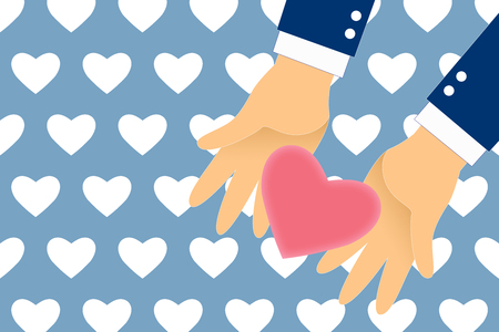 Graphic give heart for you on white heart pattern background. Pink heart in hand and space for text left side.の写真素材