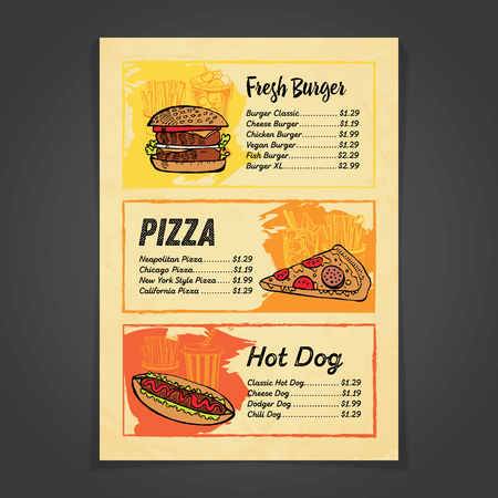 Colorful Fastfood menu card design with handrawn illustrationsのイラスト素材