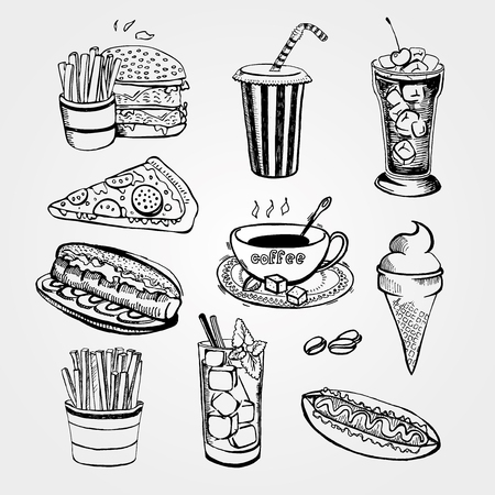 Hot Dog, Burger, Pizza, Coke, Ice Cream, Coffee, Ice Drink and Fries Handrawn Detailed Fastfood Illustrations on Light Background.のイラスト素材