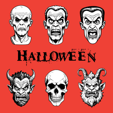 Halloween vector set of scary zombie faces with horns and horns. Vector illustration. Halloween characters.のイラスト素材