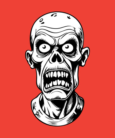 Zombie head vector illustration on red background. Monochrome style. Halloween character.のイラスト素材
