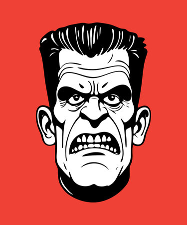 Angry man face. Vector illustration in cartoon style on red background. Halloween character.のイラスト素材