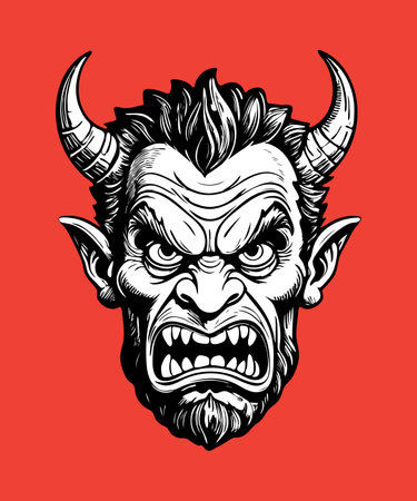 Angry monster with horns and beard. Vector illustration on a red background. Halloween Character.のイラスト素材