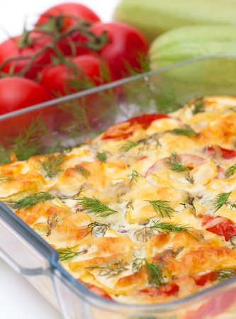 Delicious vegetables gratin in glass bowlの写真素材