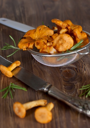Chanterelles in sieve, wooden backgroundの写真素材