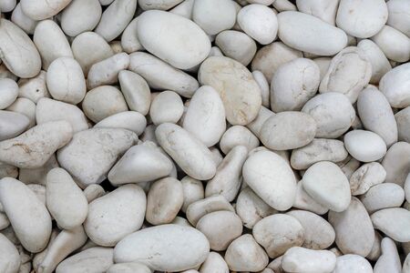 Pile of round white stones by a dried river bankの写真素材