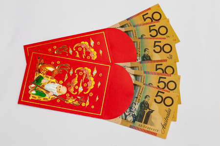 Chinese Red pocket with Australian money insideの写真素材