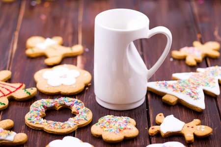 Cookies little men on a wooden tableの写真素材