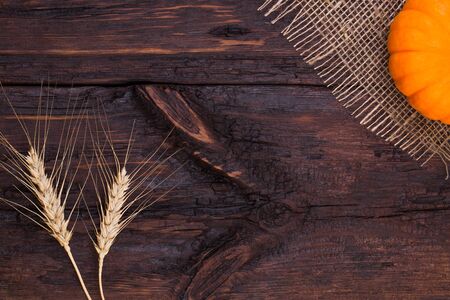 pumpkins on a wooden table, on an old wooden tableの写真素材