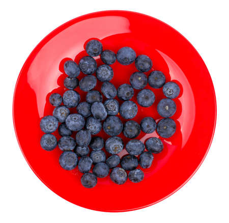 Fresh blueberry on a red plate, isolated on a white backgroundの写真素材