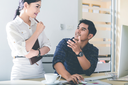 Business people meeting time working with new startup project. Idea presentation, analyze plans. Businessman and team talking and briefing of business plan and strategyの写真素材