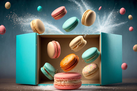 Colored macaroons flying out of the box. macarons levitation. Generative AI.の素材