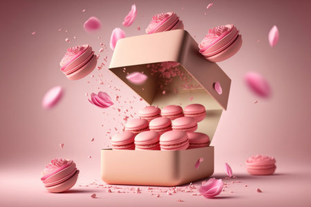 Colored macaroons flying out of the box. macarons levitation. Generative AI.の素材