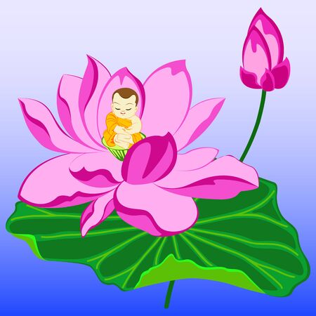 buddhis monk meditating on pink lotus flowerのイラスト素材