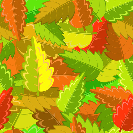 bright autumn pattern with green, yellow, brown and red leavesのイラスト素材