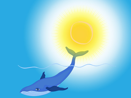 blue whale swims under the wave, holding the tail above the waterのイラスト素材