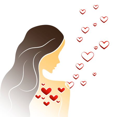 young woman in love, illustration with girl silhouette and heartsのイラスト素材