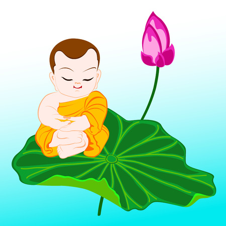 buddhis monk meditating on lotus flower leafのイラスト素材