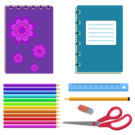 stationery illustration, isolated notebooks, pencils, scissors, ruler and eraser on whiteのイラスト素材