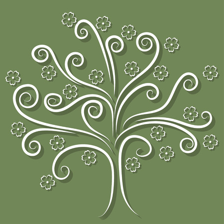 blooming tree with spiral branches and flowers, vector illustrationのイラスト素材