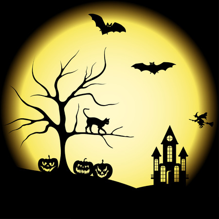 halloween pumpkins, bats, flying witch and can on treeのイラスト素材