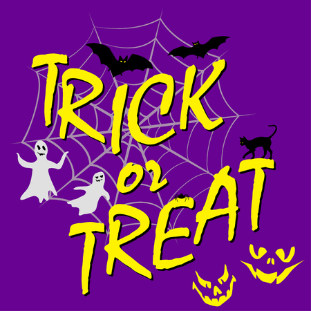 trick ot treat text, halloween card with bats, ghost, cat and spiderのイラスト素材