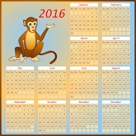 2016 calendar with monkey, week starts from Sunday, 12 monthのイラスト素材