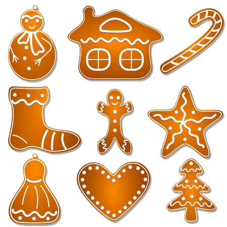 set of Christmas cookies, gingerbread star, snowman, candy, bell, tree, man and heart isolated on whiteのイラスト素材