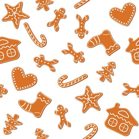 Christmas cookies seamless, gingerbread man, candy cane, star, heart, tree and house - vectorのイラスト素材