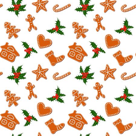 Christmas cookies and holly plant seamless, gingerbread man, candy cane, star, heart, tree and house - vectorのイラスト素材
