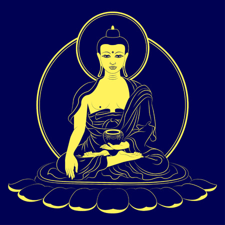 Sitting Buddha Shakyamuni. Vector illustration over the dark blue background.のイラスト素材