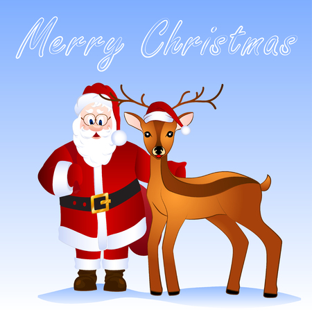 Merry Christmas card with cartoon deer and Santa  Claus, illustrationのイラスト素材