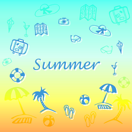 summer text with vacation and travel icons collection silhouette illustrationsのイラスト素材