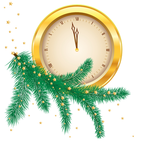 Gold shiny new year clock and fir tree branch. Vector illustrationのイラスト素材