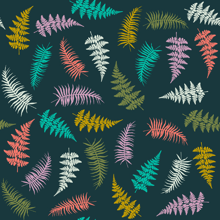 Fern frond herbs, tropical forest plant leaves seamless vector background illustration. Bracken foliage, jungle leaves, tropical fern forest grass herb seamless pattern bright background.のイラスト素材