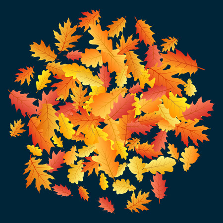 Circle of oak leaf vector, round pattern illustration on dark blue background. Autumn foliage, seasonal image. Red, yellow, orange and brown dry oak tree leaves circle autumn background pattern.のイラスト素材