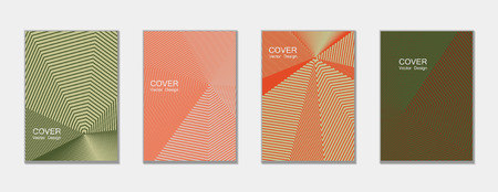 Halftone vector cover templates set with lines graphics. Tech journal design, geometric shape vector background set, trendy halftone lines hipster pattern abstract covers collection.のイラスト素材