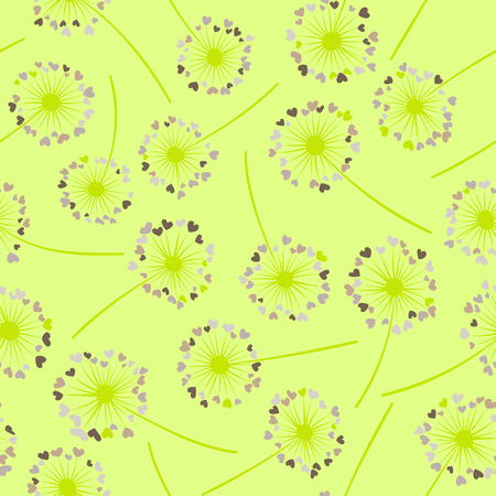 Dandelion isolated vector seamless valentine background pattern. Meadow flower illustration with heart shaped fluff. Floral pattern with dandelion blowing flower isolated. Blossom with love symbols.のイラスト素材