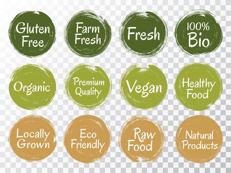 Vector organic labels, bio emblems for restaurants menu, natural products packaging. Vegan, gluten free, fresh raw healthy food, high premium quality, locally grown eco friendly labels.のイラスト素材