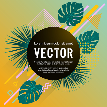 Monstera and washingtonia palm jungle tropical leaves vector geometric shapes tech party design.のイラスト素材