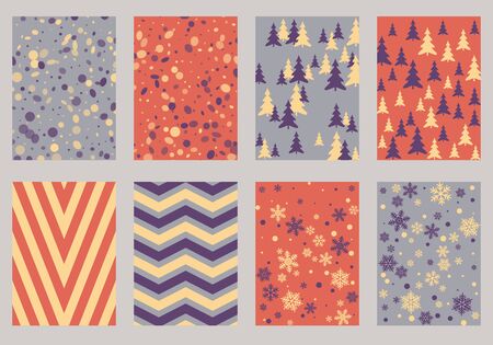 Halftone lines, fir tree silhouette, circle confetti explosion, snowflakes pattern winter background abstract vector.のイラスト素材