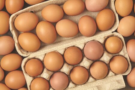 many fresh chicken brown eggs top