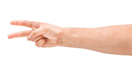 Hand shows the number two isolated backgroundの写真素材