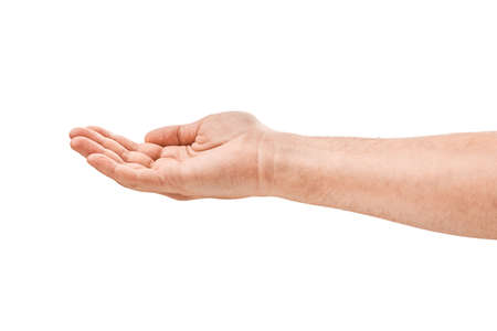 Open Palm hand gesture of male hand isolated against white background.の写真素材