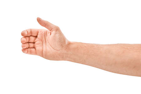 adult man hand to hold something like phone, isolated on whiteの写真素材