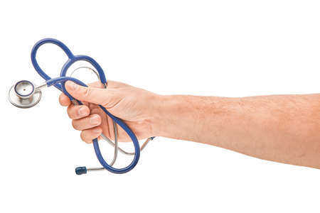 Hand holding stethoscope isolated on white background.の写真素材