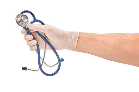 Hand in medical gloves holding stethoscope isolated on whiteの写真素材