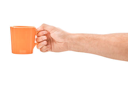 Man holding a cup of coffee, isolated on whiteの写真素材